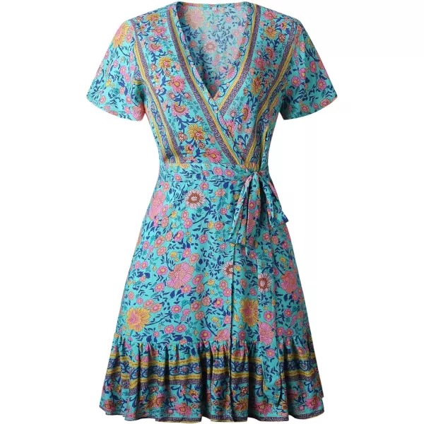 imageZESICA Womens 2023 Summer Wrap V Neck Bohemian Floral Print Ruffle Swing A Line Beach Mini DressGreen
