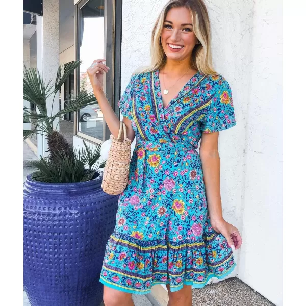 imageZESICA Womens 2023 Summer Wrap V Neck Bohemian Floral Print Ruffle Swing A Line Beach Mini DressGreen