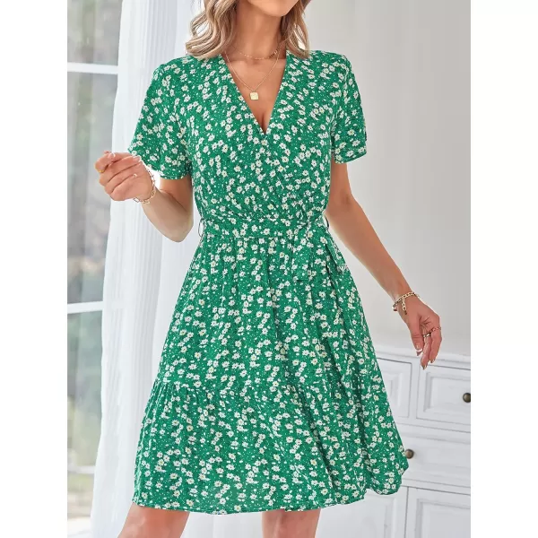 imageZESICA Womens 2023 Summer Wrap V Neck Bohemian Floral Print Ruffle Swing A Line Beach Mini DressHollygreen