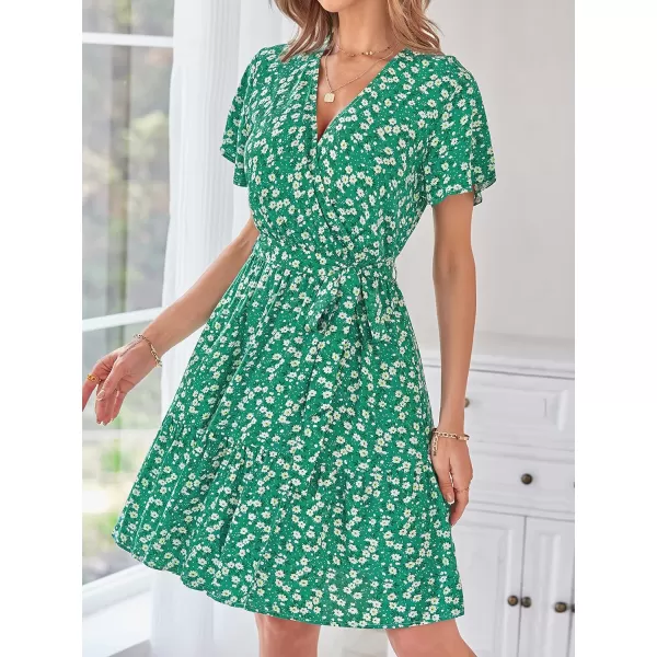 imageZESICA Womens 2023 Summer Wrap V Neck Bohemian Floral Print Ruffle Swing A Line Beach Mini DressHollygreen