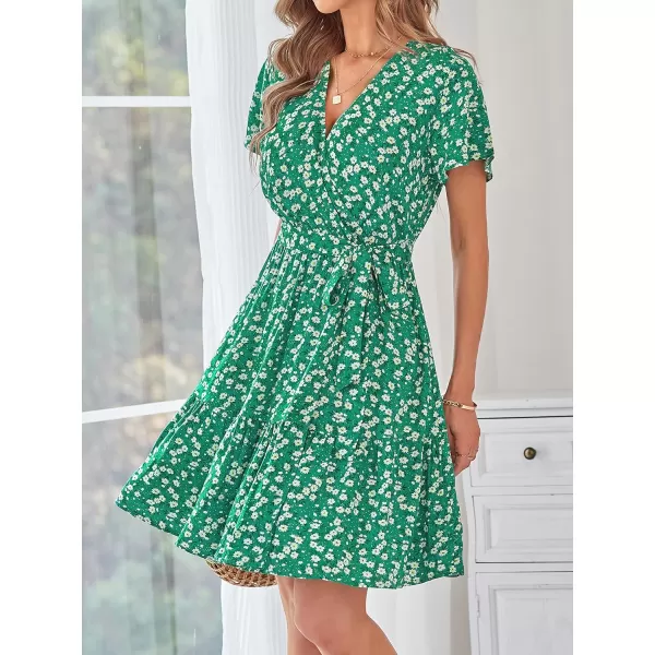 imageZESICA Womens 2023 Summer Wrap V Neck Bohemian Floral Print Ruffle Swing A Line Beach Mini DressHollygreen
