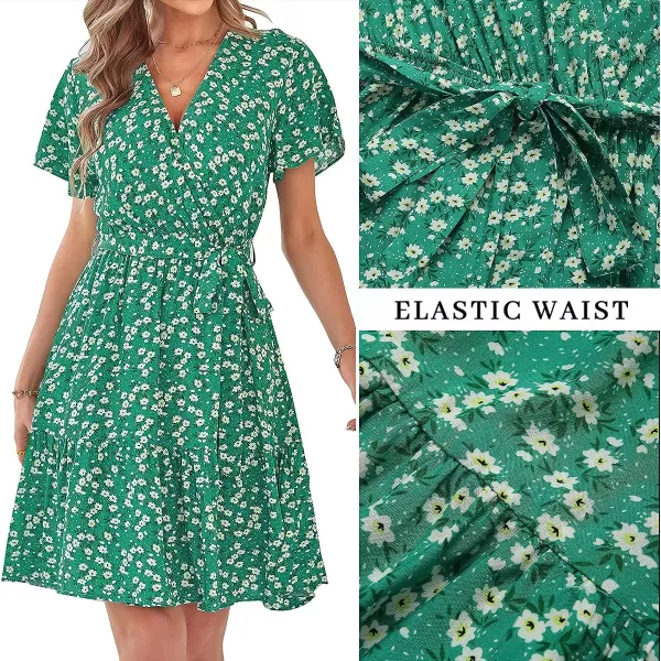 imageZESICA Womens 2023 Summer Wrap V Neck Bohemian Floral Print Ruffle Swing A Line Beach Mini DressHollygreen