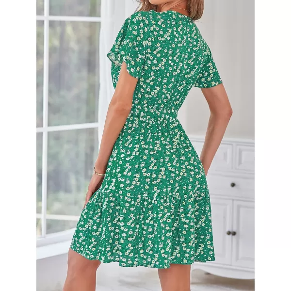 imageZESICA Womens 2023 Summer Wrap V Neck Bohemian Floral Print Ruffle Swing A Line Beach Mini DressHollygreen
