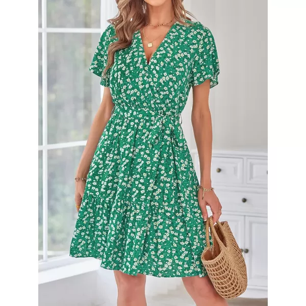 imageZESICA Womens 2023 Summer Wrap V Neck Bohemian Floral Print Ruffle Swing A Line Beach Mini DressHollygreen