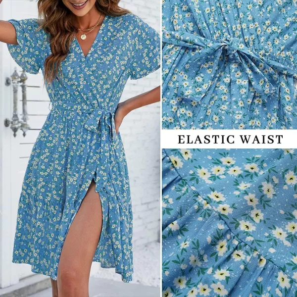imageZESICA Womens 2023 Summer Wrap V Neck Bohemian Floral Print Ruffle Swing A Line Beach Mini DressLakeblue