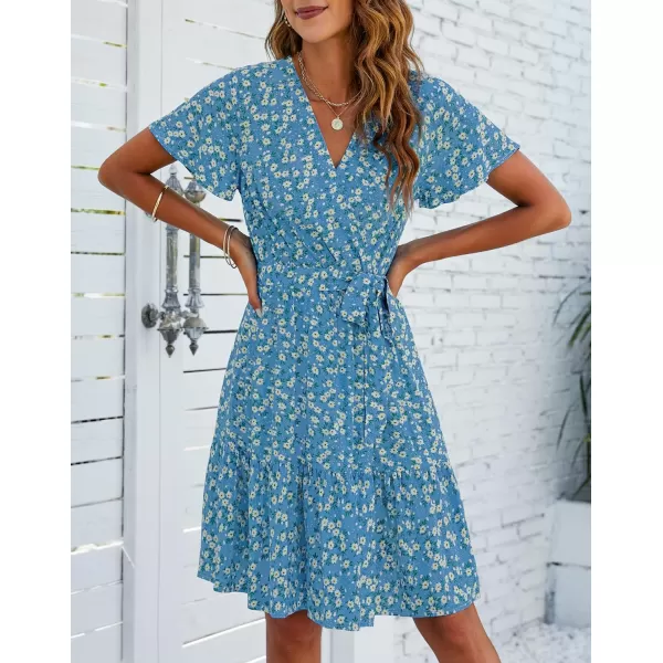 imageZESICA Womens 2023 Summer Wrap V Neck Bohemian Floral Print Ruffle Swing A Line Beach Mini DressLakeblue