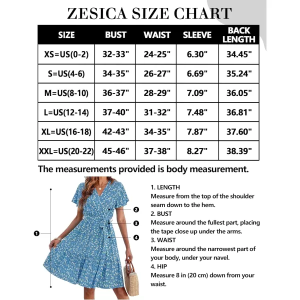 imageZESICA Womens 2023 Summer Wrap V Neck Bohemian Floral Print Ruffle Swing A Line Beach Mini DressLakeblue