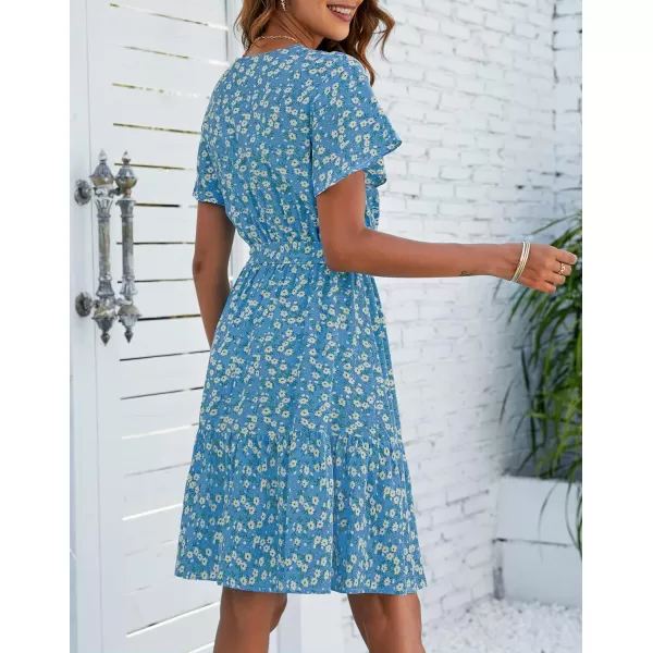 imageZESICA Womens 2023 Summer Wrap V Neck Bohemian Floral Print Ruffle Swing A Line Beach Mini DressLakeblue