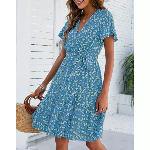 imageZESICA Womens 2023 Summer Wrap V Neck Bohemian Floral Print Ruffle Swing A Line Beach Mini DressLakeblue