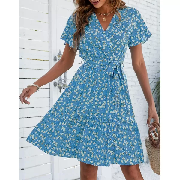 imageZESICA Womens 2023 Summer Wrap V Neck Bohemian Floral Print Ruffle Swing A Line Beach Mini DressLakeblue
