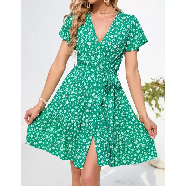 imageZESICA Womens 2023 Summer Wrap V Neck Bohemian Floral Print Ruffle Swing A Line Beach Mini DressLakegreen