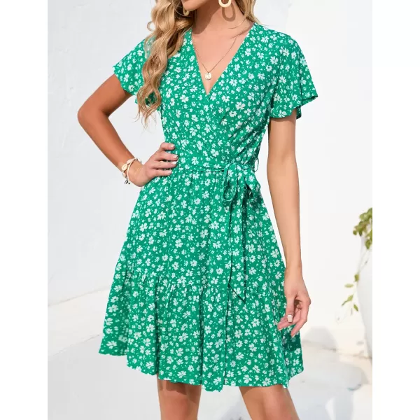 imageZESICA Womens 2023 Summer Wrap V Neck Bohemian Floral Print Ruffle Swing A Line Beach Mini DressLakegreen