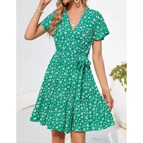 imageZESICA Womens 2023 Summer Wrap V Neck Bohemian Floral Print Ruffle Swing A Line Beach Mini DressLakegreen