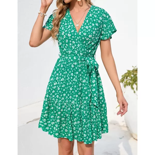 imageZESICA Womens 2023 Summer Wrap V Neck Bohemian Floral Print Ruffle Swing A Line Beach Mini DressLakegreen