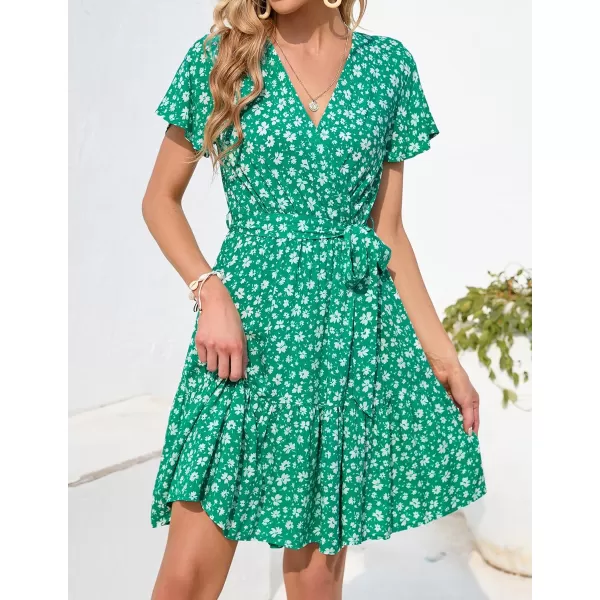 imageZESICA Womens 2023 Summer Wrap V Neck Bohemian Floral Print Ruffle Swing A Line Beach Mini DressLakegreen
