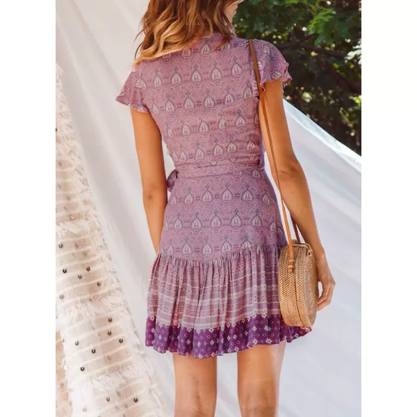 imageZESICA Womens 2023 Summer Wrap V Neck Bohemian Floral Print Ruffle Swing A Line Beach Mini DressLavender