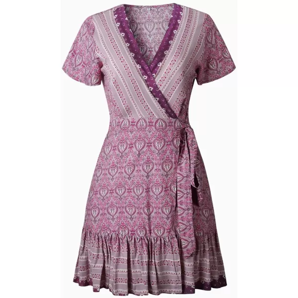 imageZESICA Womens 2023 Summer Wrap V Neck Bohemian Floral Print Ruffle Swing A Line Beach Mini DressLavender