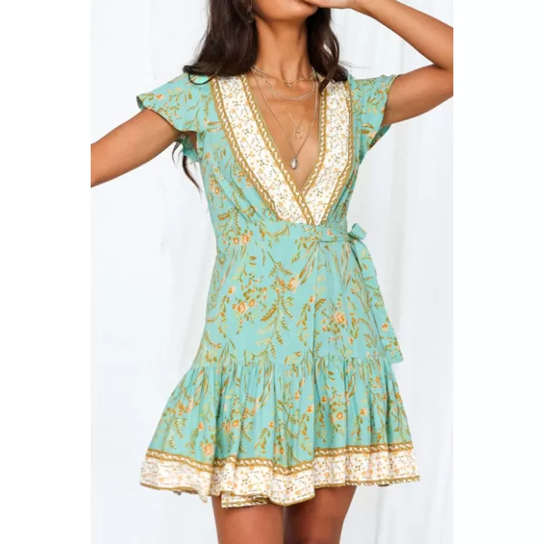 imageZESICA Womens 2023 Summer Wrap V Neck Bohemian Floral Print Ruffle Swing A Line Beach Mini DressMint