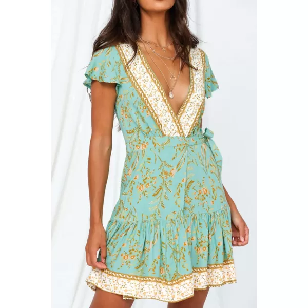imageZESICA Womens 2023 Summer Wrap V Neck Bohemian Floral Print Ruffle Swing A Line Beach Mini DressMint