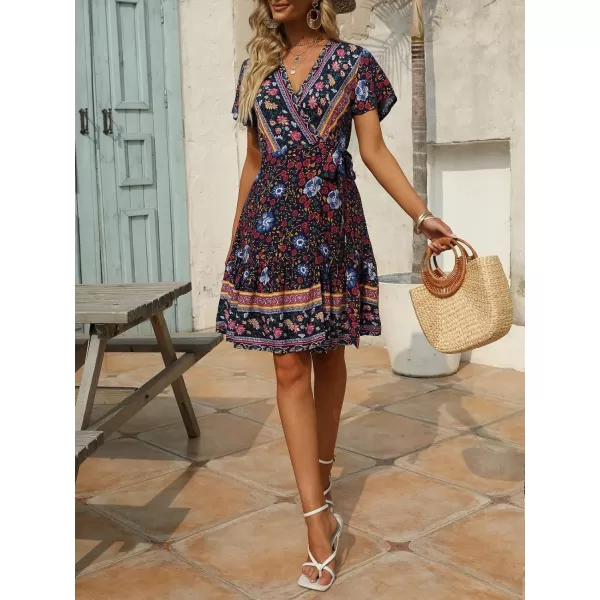 imageZESICA Womens 2023 Summer Wrap V Neck Bohemian Floral Print Ruffle Swing A Line Beach Mini DressNavy