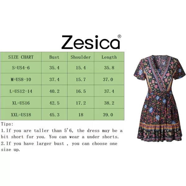 imageZESICA Womens 2023 Summer Wrap V Neck Bohemian Floral Print Ruffle Swing A Line Beach Mini DressNavy