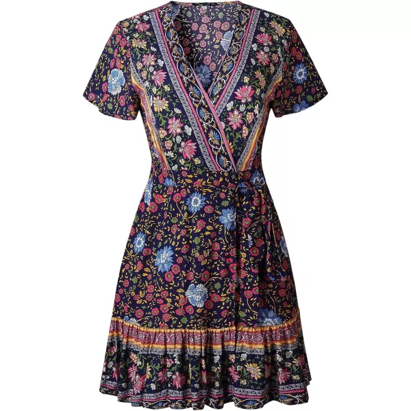 imageZESICA Womens 2023 Summer Wrap V Neck Bohemian Floral Print Ruffle Swing A Line Beach Mini DressNavy