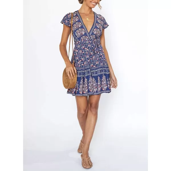 imageZESICA Womens 2023 Summer Wrap V Neck Bohemian Floral Print Ruffle Swing A Line Beach Mini DressNavy2