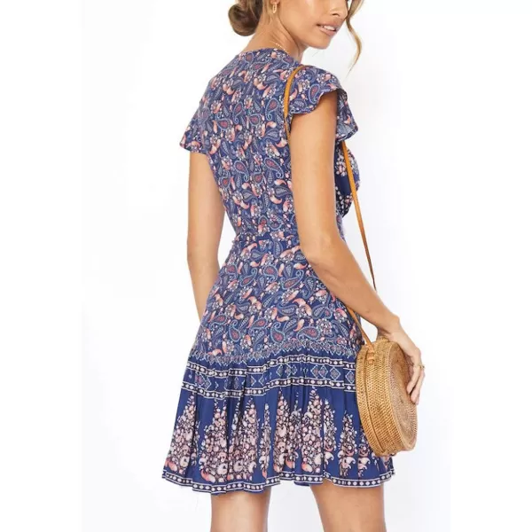 imageZESICA Womens 2023 Summer Wrap V Neck Bohemian Floral Print Ruffle Swing A Line Beach Mini DressNavy2
