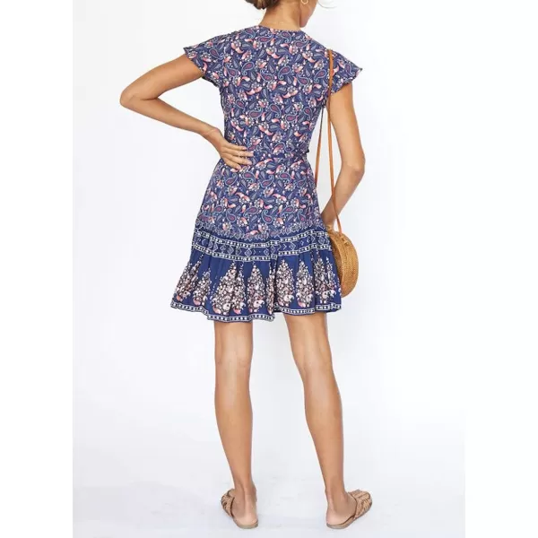 imageZESICA Womens 2023 Summer Wrap V Neck Bohemian Floral Print Ruffle Swing A Line Beach Mini DressNavy2