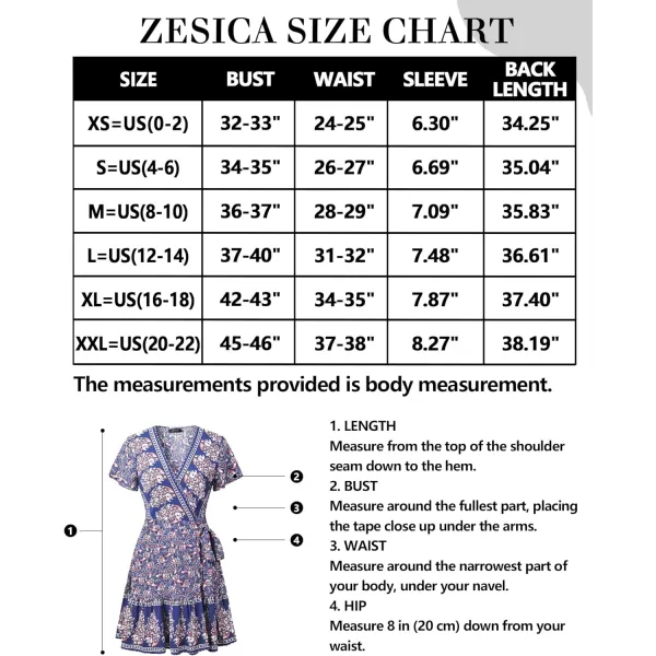 imageZESICA Womens 2023 Summer Wrap V Neck Bohemian Floral Print Ruffle Swing A Line Beach Mini DressNavy2