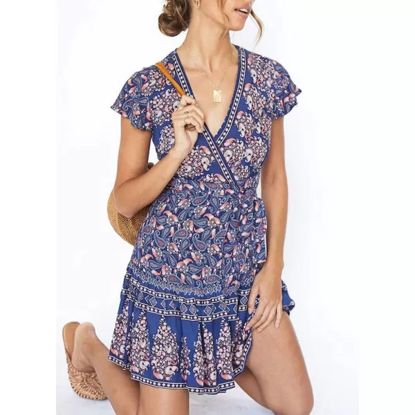 imageZESICA Womens 2023 Summer Wrap V Neck Bohemian Floral Print Ruffle Swing A Line Beach Mini DressNavy2