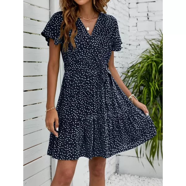 imageZESICA Womens 2023 Summer Wrap V Neck Bohemian Floral Print Ruffle Swing A Line Beach Mini DressNavyblue