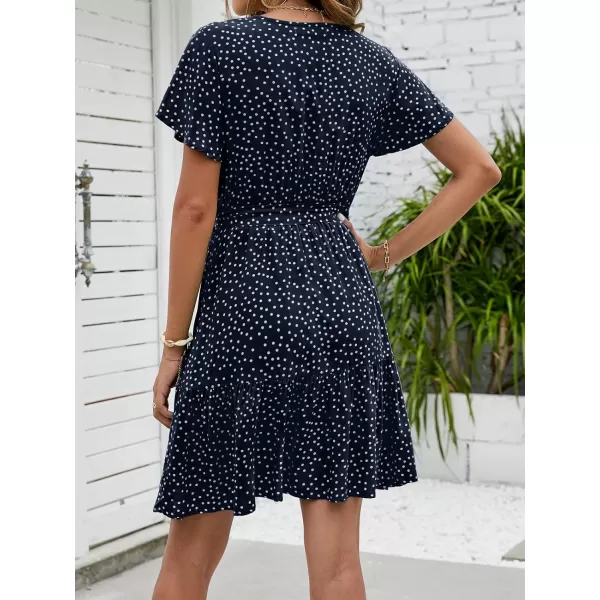 imageZESICA Womens 2023 Summer Wrap V Neck Bohemian Floral Print Ruffle Swing A Line Beach Mini DressNavyblue