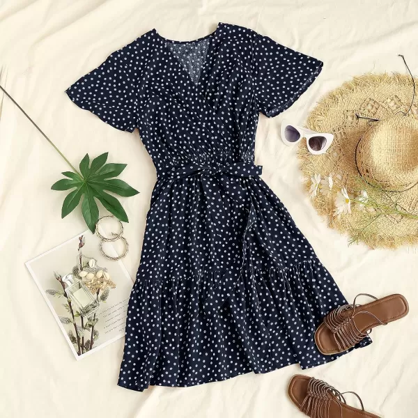 imageZESICA Womens 2023 Summer Wrap V Neck Bohemian Floral Print Ruffle Swing A Line Beach Mini DressNavyblue