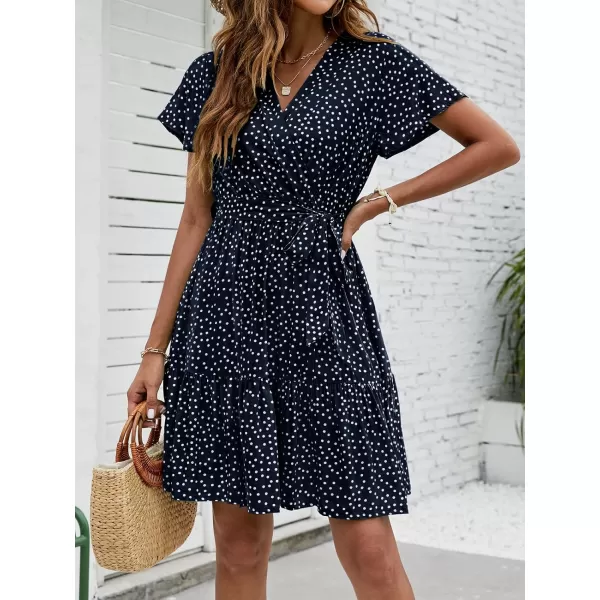 imageZESICA Womens 2023 Summer Wrap V Neck Bohemian Floral Print Ruffle Swing A Line Beach Mini DressNavyblue