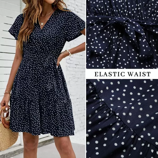imageZESICA Womens 2023 Summer Wrap V Neck Bohemian Floral Print Ruffle Swing A Line Beach Mini DressNavyblue