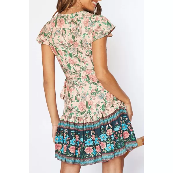 imageZESICA Womens 2023 Summer Wrap V Neck Bohemian Floral Print Ruffle Swing A Line Beach Mini DressNude
