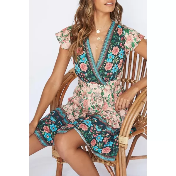 imageZESICA Womens 2023 Summer Wrap V Neck Bohemian Floral Print Ruffle Swing A Line Beach Mini DressNude