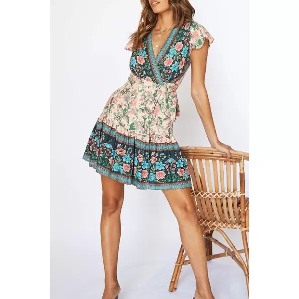 imageZESICA Womens 2023 Summer Wrap V Neck Bohemian Floral Print Ruffle Swing A Line Beach Mini DressNude