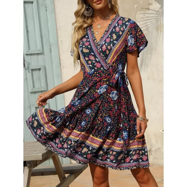 imageZESICA Womens 2023 Summer Wrap V Neck Bohemian Floral Print Ruffle Swing A Line Beach Mini DressOceanablue