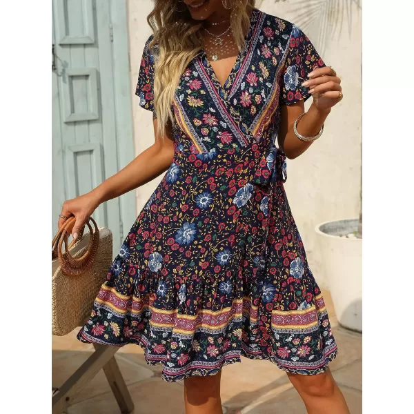 imageZESICA Womens 2023 Summer Wrap V Neck Bohemian Floral Print Ruffle Swing A Line Beach Mini DressOceanablue