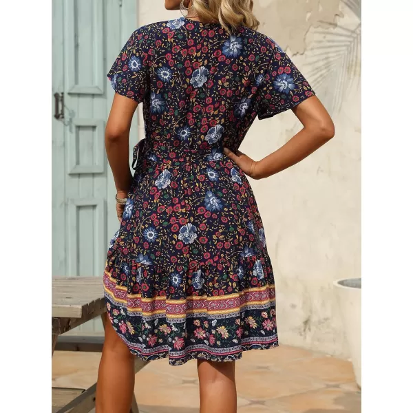 imageZESICA Womens 2023 Summer Wrap V Neck Bohemian Floral Print Ruffle Swing A Line Beach Mini DressOceanablue