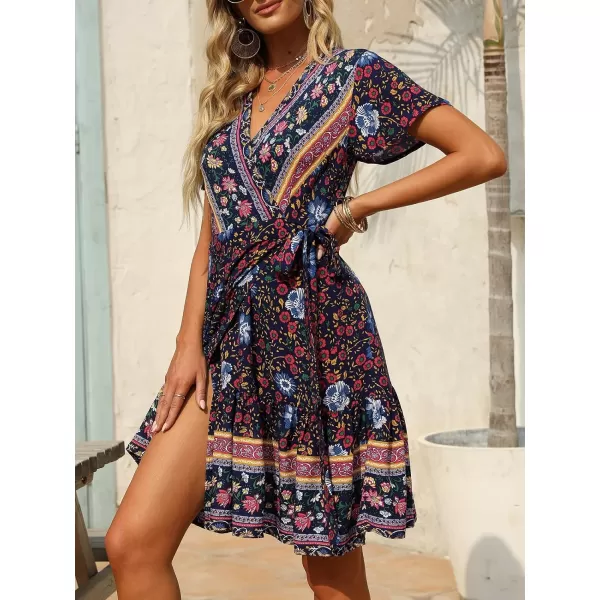 imageZESICA Womens 2023 Summer Wrap V Neck Bohemian Floral Print Ruffle Swing A Line Beach Mini DressOceanablue
