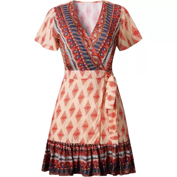 imageZESICA Womens 2023 Summer Wrap V Neck Bohemian Floral Print Ruffle Swing A Line Beach Mini DressOrange