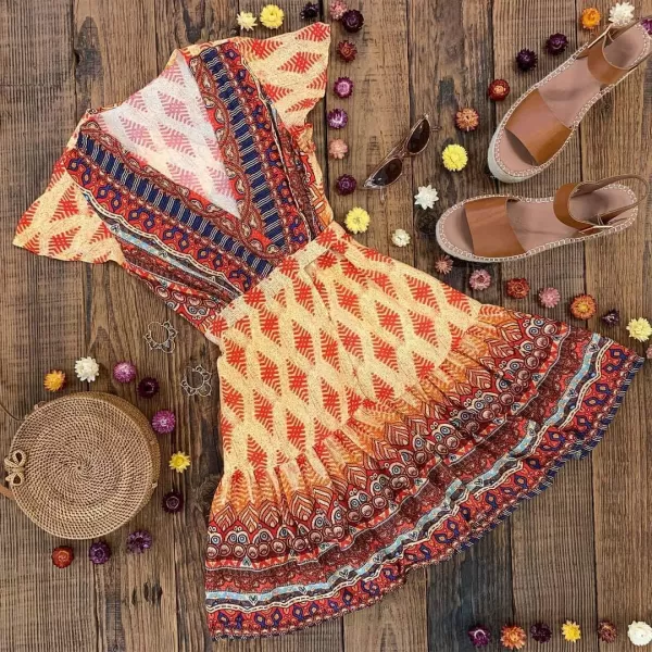 imageZESICA Womens 2023 Summer Wrap V Neck Bohemian Floral Print Ruffle Swing A Line Beach Mini DressOrange