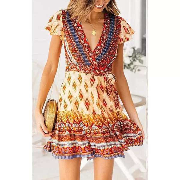 imageZESICA Womens 2023 Summer Wrap V Neck Bohemian Floral Print Ruffle Swing A Line Beach Mini DressOrange