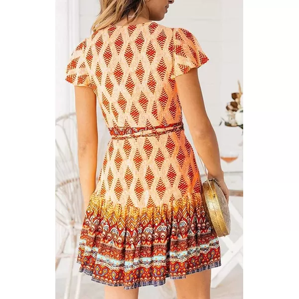 imageZESICA Womens 2023 Summer Wrap V Neck Bohemian Floral Print Ruffle Swing A Line Beach Mini DressOrange