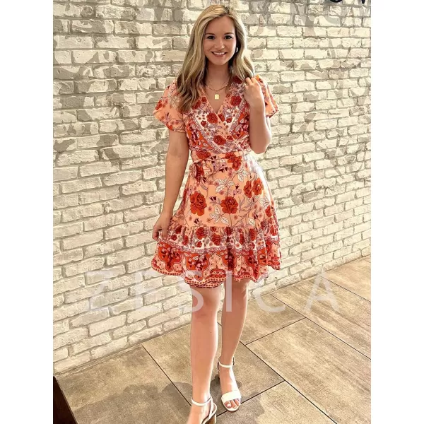 imageZESICA Womens 2023 Summer Wrap V Neck Bohemian Floral Print Ruffle Swing A Line Beach Mini DressPeach
