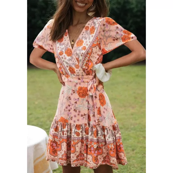imageZESICA Womens 2023 Summer Wrap V Neck Bohemian Floral Print Ruffle Swing A Line Beach Mini DressPeach