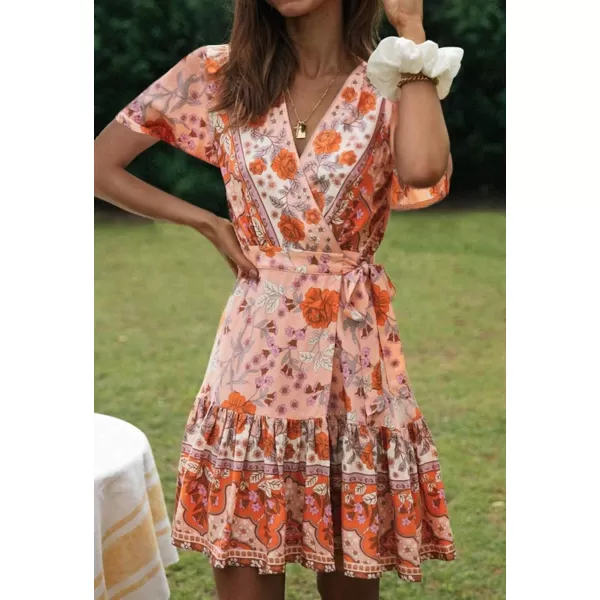 imageZESICA Womens 2023 Summer Wrap V Neck Bohemian Floral Print Ruffle Swing A Line Beach Mini DressPeach